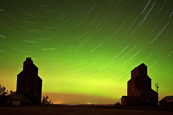 Grain elevator in ghost town with northern lights in the northern sky Lepine , Saskatchewan, Canada