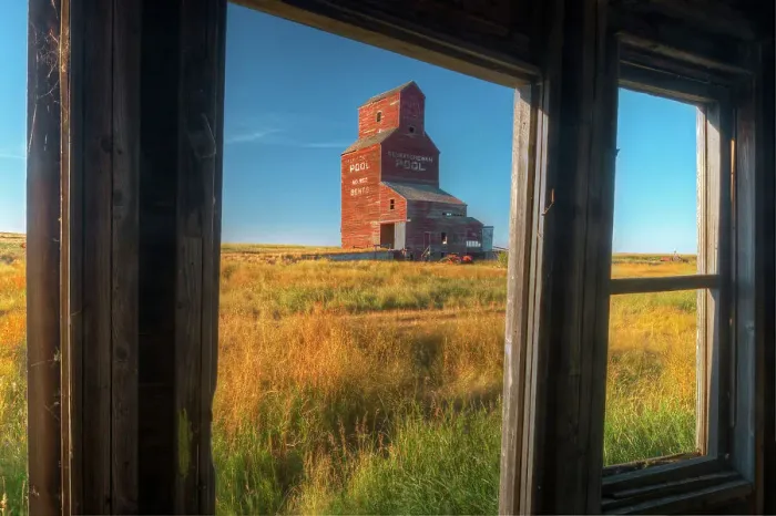 Framed Print : Grain elevator from inside old general store in ghost town Bents Saskatchewan, Canada