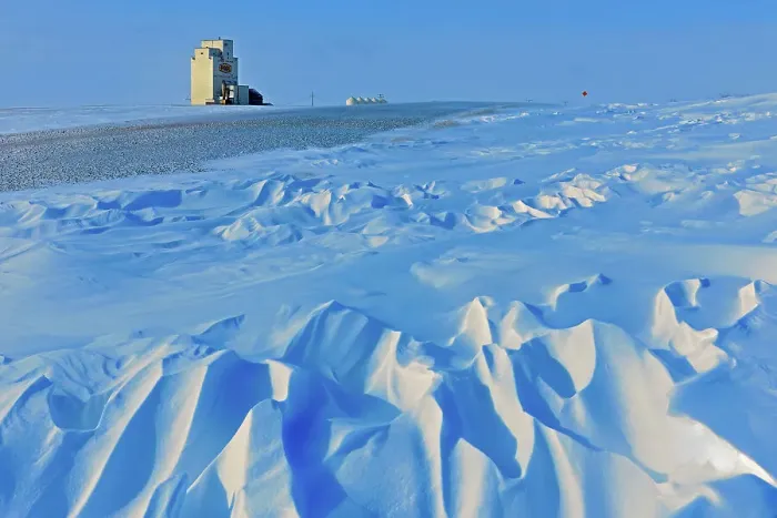 Framed Print : Grain elevator and wind sculptured snow WIllows Saskatchewan, Canada