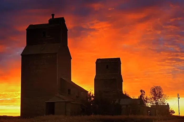 Framed Print : Grain elevators in ghost town at sunrise Lepine, Saskatchewan, Canada Framed Print : Grain elevators in ghost town at sunrise Lepine, Saskatchewan, Canada