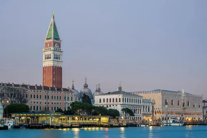Framed Print : Grand Canal and St. Mark's Campanile at dusk, Venice, Veneto, Italy