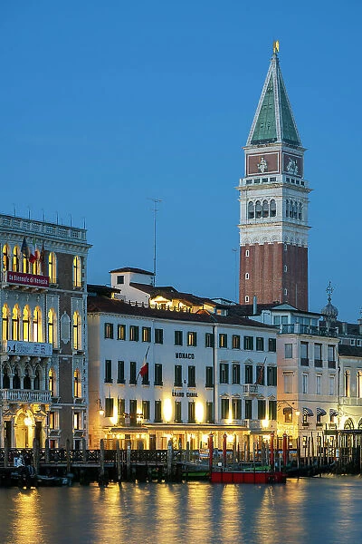 Grand Canal and St. Mark's Campanile at twilight, Venice, Veneto, Italy