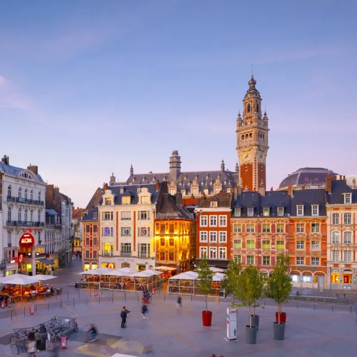 Framed Print : The Grand Place and Lille Chamber of Commerce Belfry at Dusk, Lille, France Framed Print : The Grand Place and Lille Chamber of Commerce Belfry at Dusk, Lille, France