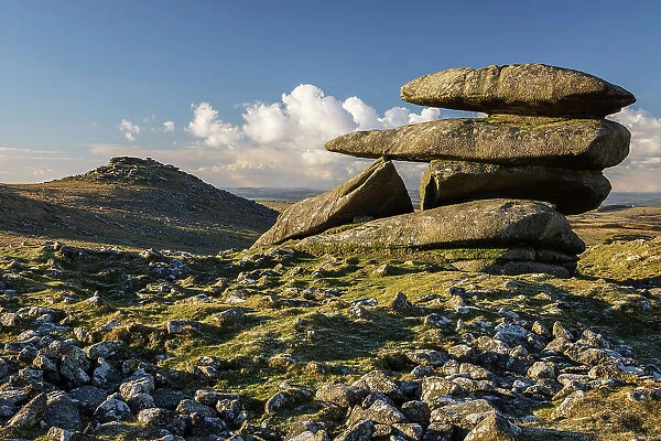 Granite outcrop on Showery Tor near Rough Tor, Bodmin Moor, Cornwall, England. Winter (January) 2024