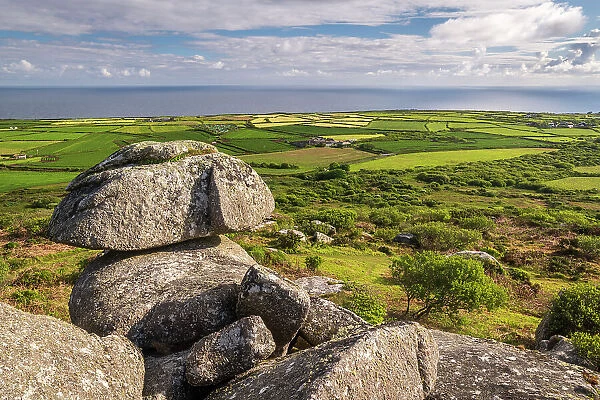 Granite tor outcrop on Rosewall hill near St Ives, Cornwall, England. Spring (May) 2022
