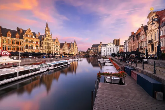 Framed Print : Graslei along Lys river with Guil Houses during dusk, Ghent, East Flanders, Belgium