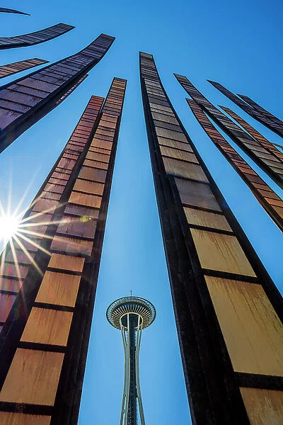 The Grass Blades sculpture by artist John Fleming with Space Needle in the background, Seattle Center, Seattle, Washington, USA