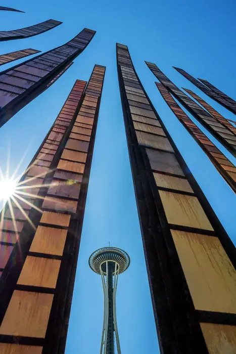Framed Print : The Grass Blades sculpture by artist John Fleming with Space Needle in the background, Seattle Center, Seattle, Washington, USA Framed Print : The Grass Blades sculpture by artist John Fleming with Space Needle in the background, Seattle Center, Seattle, Washington, USA