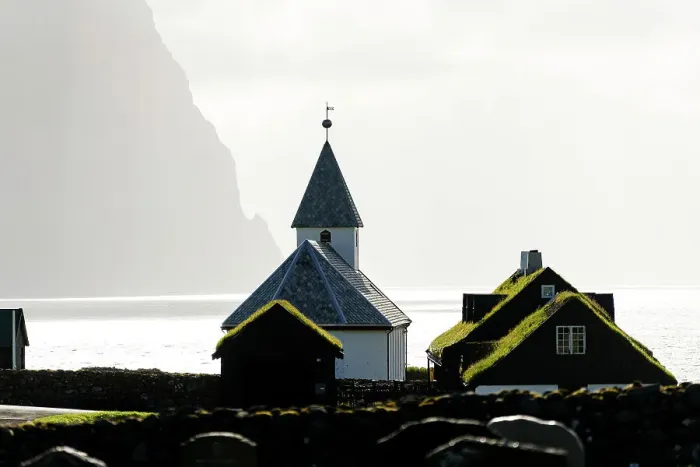 Framed Print : Grass roof houses and old church of Vidareidi, Vidoy Island, Faroe Islands Framed Print : Grass roof houses and old church of Vidareidi, Vidoy Island, Faroe Islands