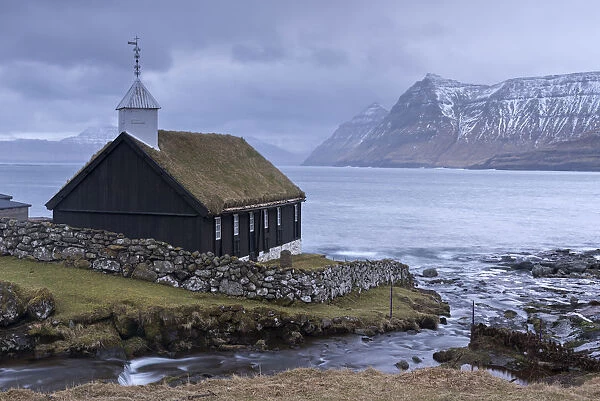 Grass roofed Church in the village of Funningur on the island of Eysturoy, Faroe Islands