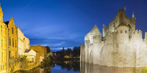 Gravensteen (Castle of the Counts) at dusk, Ghent, Flanders, Belgium