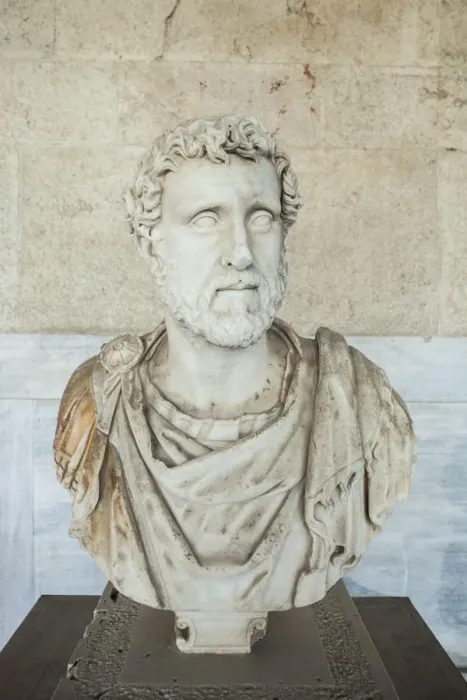 Framed Print : Greece, Athens, Ancient Agora, Stoa of Attalos and Agora Museum bust of Emperor Antoninus Framed Print : Greece, Athens, Ancient Agora, Stoa of Attalos and Agora Museum bust of Emperor Antoninus