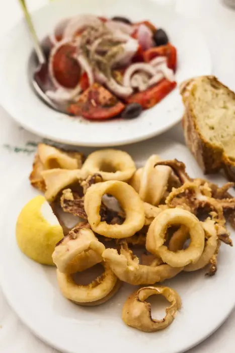 Framed Print : Greece, Athens, tomato and onion salad with fired calamari Framed Print : Greece, Athens, tomato and onion salad with fired calamari