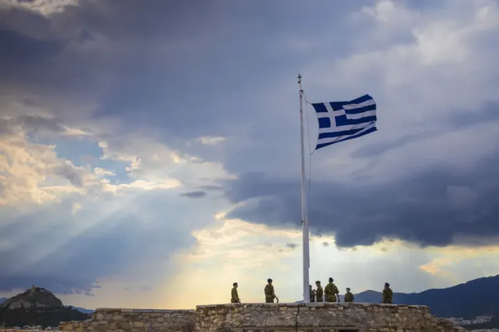 Framed Print : Greece, Attica, Athens, Flag raising ceremony at The Acropolis Framed Print : Greece, Attica, Athens, Flag raising ceremony at The Acropolis