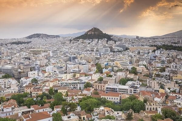 Greece, Attica, Athens, View of Central Athens - Plaka towards Lykavittos Hill