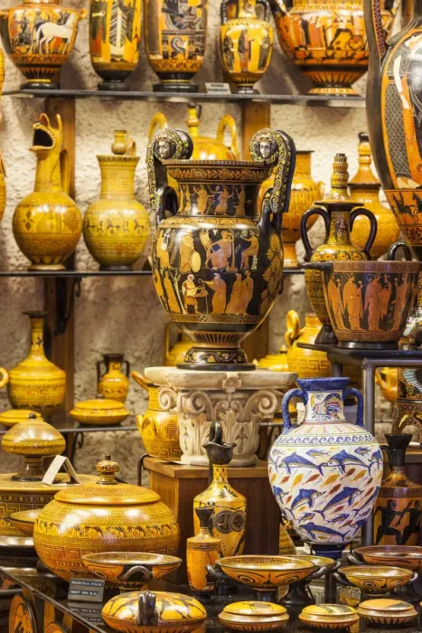 Framed Print : Greece, Central Greece Region, Delphi, souvenir shop selling reproductions of Ancient Framed Print : Greece, Central Greece Region, Delphi, souvenir shop selling reproductions of Ancient