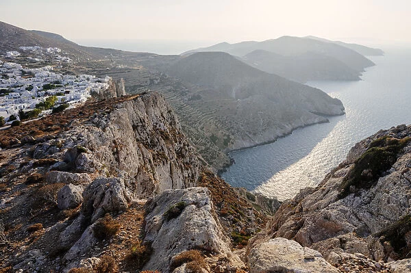 Greece, Cyclades Islands, Folegandros Island, panorama at sunset from the church Panagia