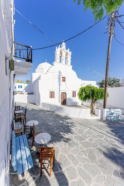 Greece, Cyclades Islands, Folegandros Island, Hora town. Church and road in summertime