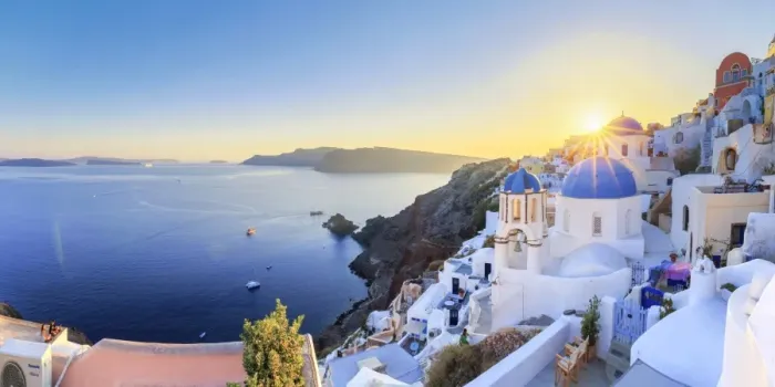 Framed Print : Greece, Cyclades, Oia town and Santorini Caldera