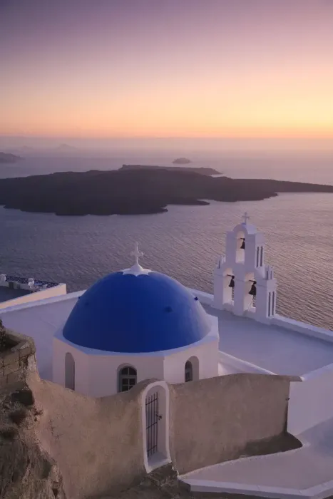 Framed Print : Greece, Cyclades, Santorini, Firostefani, Church and view of Santorini Caldera Framed Print : Greece, Cyclades, Santorini, Firostefani, Church and view of Santorini Caldera