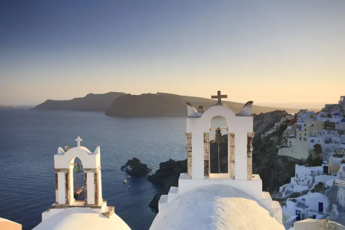 Framed Print : Greece, Cyclades, Santorini, Oia Town and Santorini Caldera