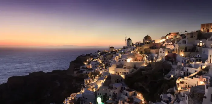 Framed Print : Greece, Cyclades, Santorini, Panoramic view Oia Town and Santorini Caldera