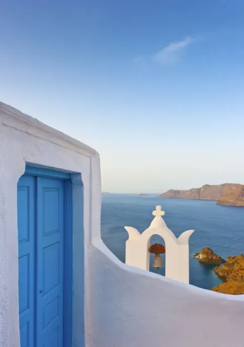 Framed Print : Greece, The Cyclades, Santorini (Thira), Oia, Blue door and bell tower Framed Print : Greece, The Cyclades, Santorini (Thira), Oia, Blue door and bell tower