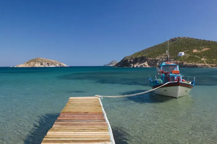 Framed Print : Greece, Dodecanese Islands, Patmos, Kampos, Shore view with small boat / Livadi Geranos Framed Print : Greece, Dodecanese Islands, Patmos, Kampos, Shore view with small boat / Livadi Geranos