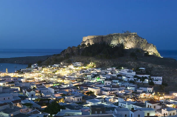 Greece, Dodecanese Islands, Rhodes, Lindos, Lindos Town View with Acropolis of Lindos
