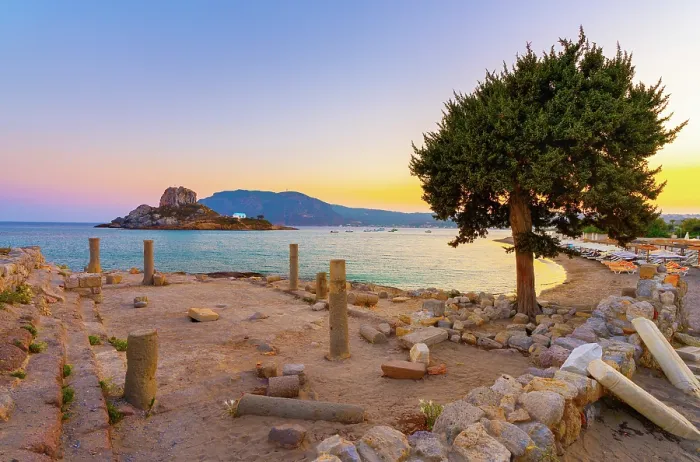 Framed Print : Greece, Dodecanese, Kos Island, Kamari Bay, Agios Stefanos Beach, Saint Stefanos Basilica Ruins and Kastri Island Framed Print : Greece, Dodecanese, Kos Island, Kamari Bay, Agios Stefanos Beach, Saint Stefanos Basilica Ruins and Kastri Island