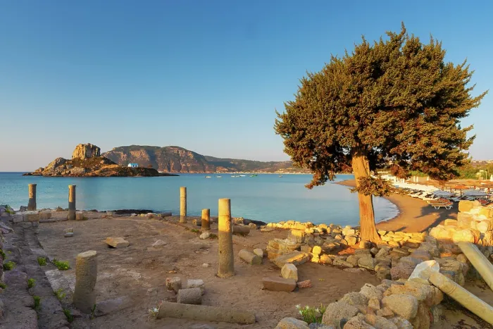 Framed Print : Greece, Dodecanese, Kos Island, Kamari Bay, Agios Stefanos Beach, Saint Stefanos Basilica Ruins and Kastri Island Framed Print : Greece, Dodecanese, Kos Island, Kamari Bay, Agios Stefanos Beach, Saint Stefanos Basilica Ruins and Kastri Island