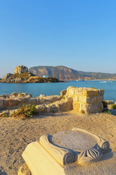 Framed Print : Greece, Dodecanese, Kos Island, Kamari Bay, Agios Stefanos Beach, Saint Stefanos Basilica Ruins and Kastri Island Framed Print : Greece, Dodecanese, Kos Island, Kamari Bay, Agios Stefanos Beach, Saint Stefanos Basilica Ruins and Kastri Island