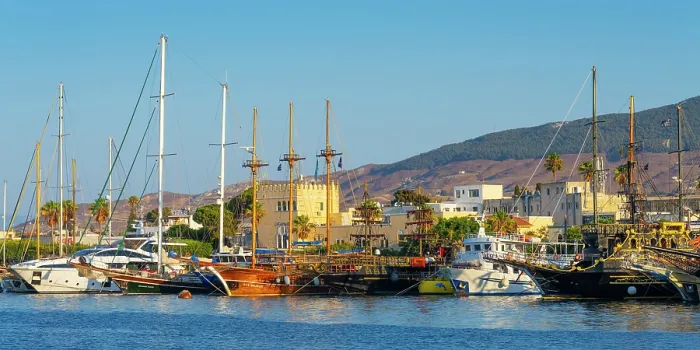 Framed Print : Greece, Dodecanese, Kos Island, Kos Town, boats moored in harbour Framed Print : Greece, Dodecanese, Kos Island, Kos Town, boats moored in harbour
