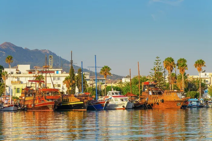 Framed Print : Greece, Dodecanese, Kos Island, Kos Town, boats moored in harbour Framed Print : Greece, Dodecanese, Kos Island, Kos Town, boats moored in harbour