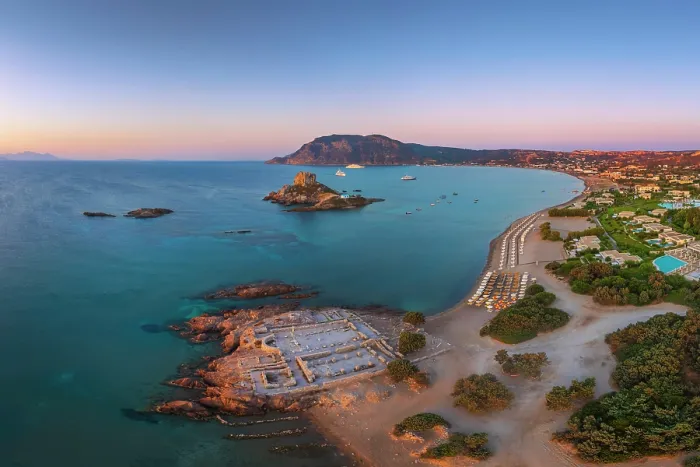 Framed Print : Greece, Dodecanese, Kos Island, Kamari Bay, Agios Stefanos Beach, Saint Stefanos Basilica Ruins and Kastri Island at sunset Framed Print : Greece, Dodecanese, Kos Island, Kamari Bay, Agios Stefanos Beach, Saint Stefanos Basilica Ruins and Kastri Island at sunset