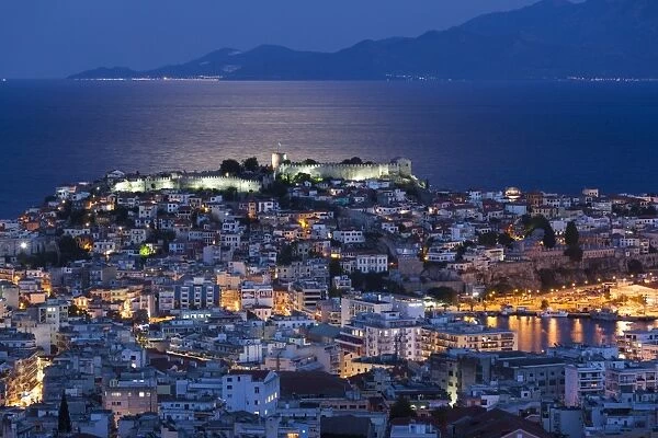 Greece, East Macedonia and Thrace Region, Kavala, elevated city view with Kastro fortress