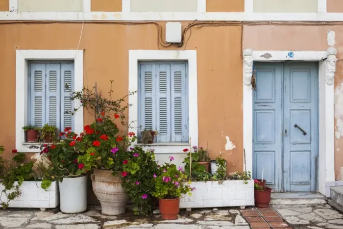 Framed Print : Greece, Epirus Region, Parga, harborfront house detail Framed Print : Greece, Epirus Region, Parga, harborfront house detail