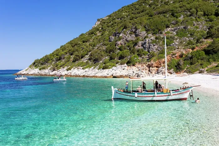 Framed Print : Greece, Iionian Islands, Kefalonia. A snorkelling trip to Ammoudi Beach, Ithaca