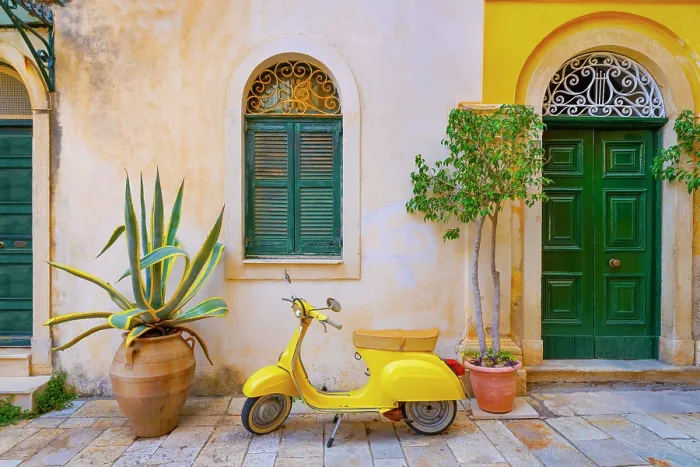 Framed Print : Greece, Ionian Islands, Corfu, Corfu town, yellow Vespa scooter Framed Print : Greece, Ionian Islands, Corfu, Corfu town, yellow Vespa scooter