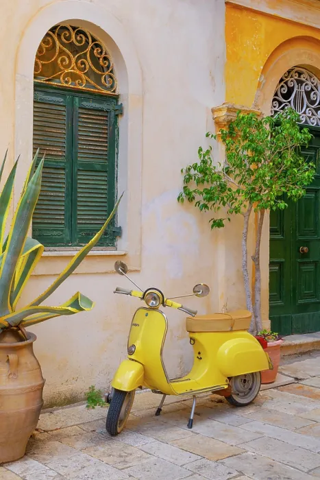 Framed Print : Greece, Ionian Islands, Corfu, Corfu town, yellow Vespa scooter