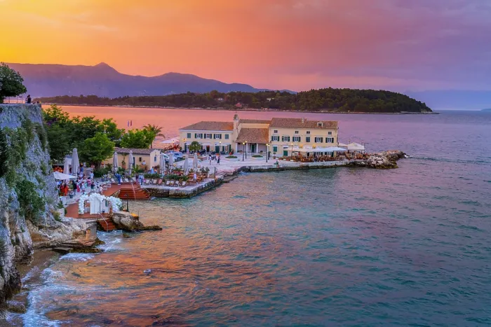 Framed Print : Greece, Ionian Islands, Corfu, Corfu town, Faliraki at dusk Framed Print : Greece, Ionian Islands, Corfu, Corfu town, Faliraki at dusk