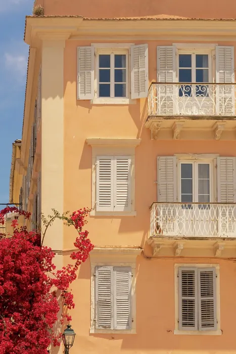 Framed Print : Greece, Ionian Islands, Corfu, Corfu town, red flowering Bougainvillea tree in town square Framed Print : Greece, Ionian Islands, Corfu, Corfu town, red flowering Bougainvillea tree in town square