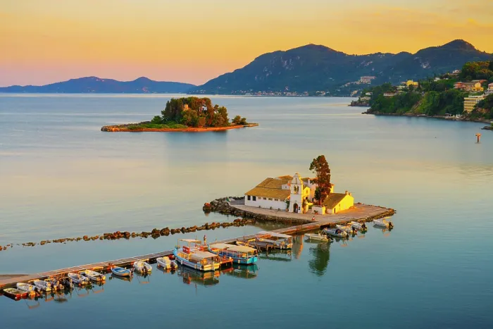Framed Print : Greece, Ionian Islands, Corfu, Vlacherna Monastery and the Church of Pantokrator Framed Print : Greece, Ionian Islands, Corfu, Vlacherna Monastery and the Church of Pantokrator