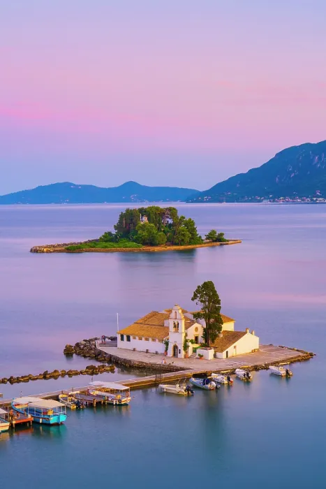 Framed Print : Greece, Ionian Islands, Corfu, Vlacherna Monastery and the Church of Pantokrator at dusk Framed Print : Greece, Ionian Islands, Corfu, Vlacherna Monastery and the Church of Pantokrator at dusk