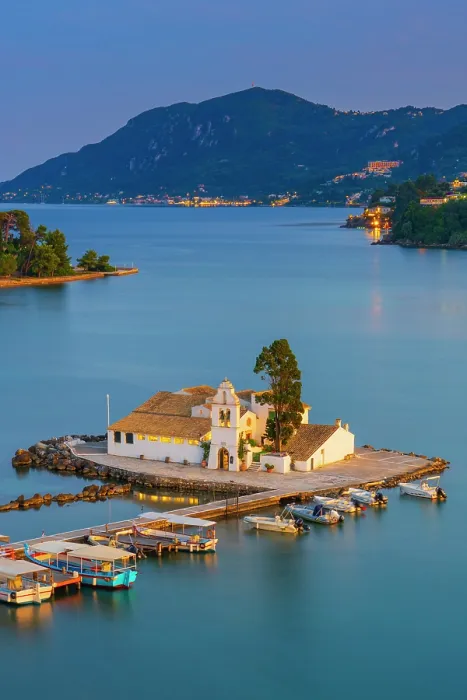 Framed Print : Greece, Ionian Islands, Corfu, Vlacherna Monastery and the Church of Pantokrator at dusk Framed Print : Greece, Ionian Islands, Corfu, Vlacherna Monastery and the Church of Pantokrator at dusk