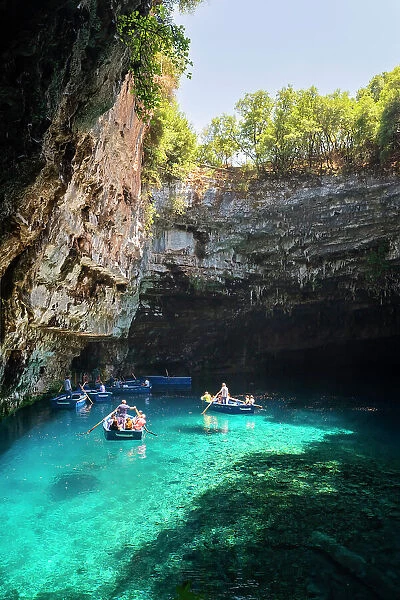 Greece, Ionian Islands, Kefalonia, Karavomilos. Melissani Lake is a cave with a long collapsed ceiling