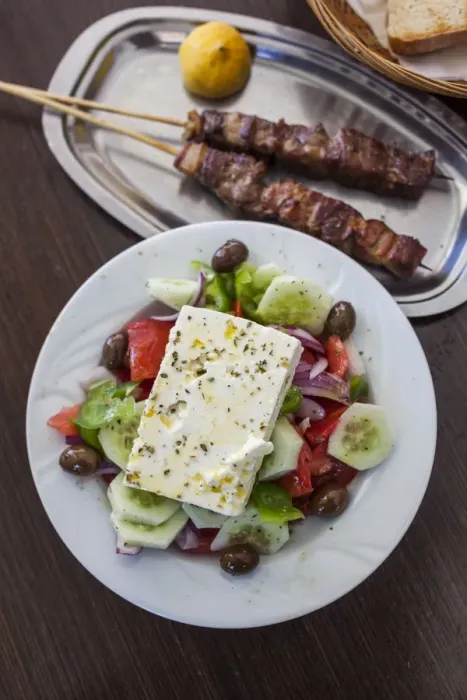 Framed Print : Greece, Peloponese Region, Corinth, Greek Salad and Souvlaki