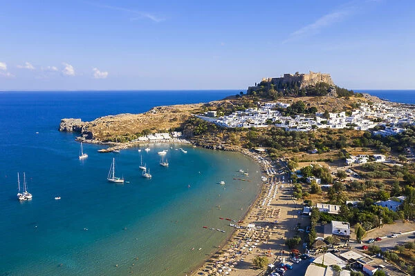 Greece, Rhodes, Lindos Acropolis and Megali Paralia Beach