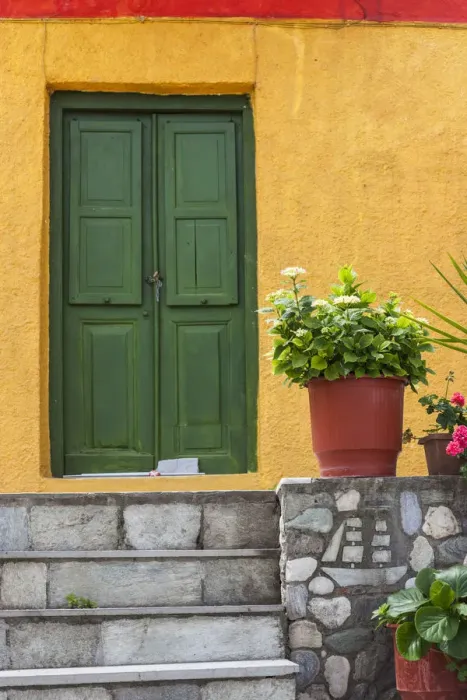 Framed Print : Greece, Thessaly Region, Agios Ioannis, Pelion Peninsula, colorful house detail Framed Print : Greece, Thessaly Region, Agios Ioannis, Pelion Peninsula, colorful house detail