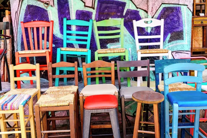 Framed Print : Greek colorful chairs, Athens, Greece Framed Print : Greek colorful chairs, Athens, Greece